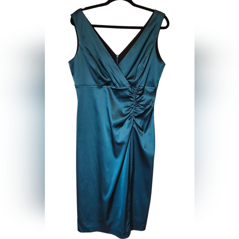 Donna Ricco Teal Satin Formal Dress, V-Neck, V-Back, Midi Cocktail Dress Size 12